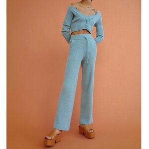 Zara Blue Ribbed Knit 3 Piece Set, (Pants, Tank, Cardigan), Small/Medium